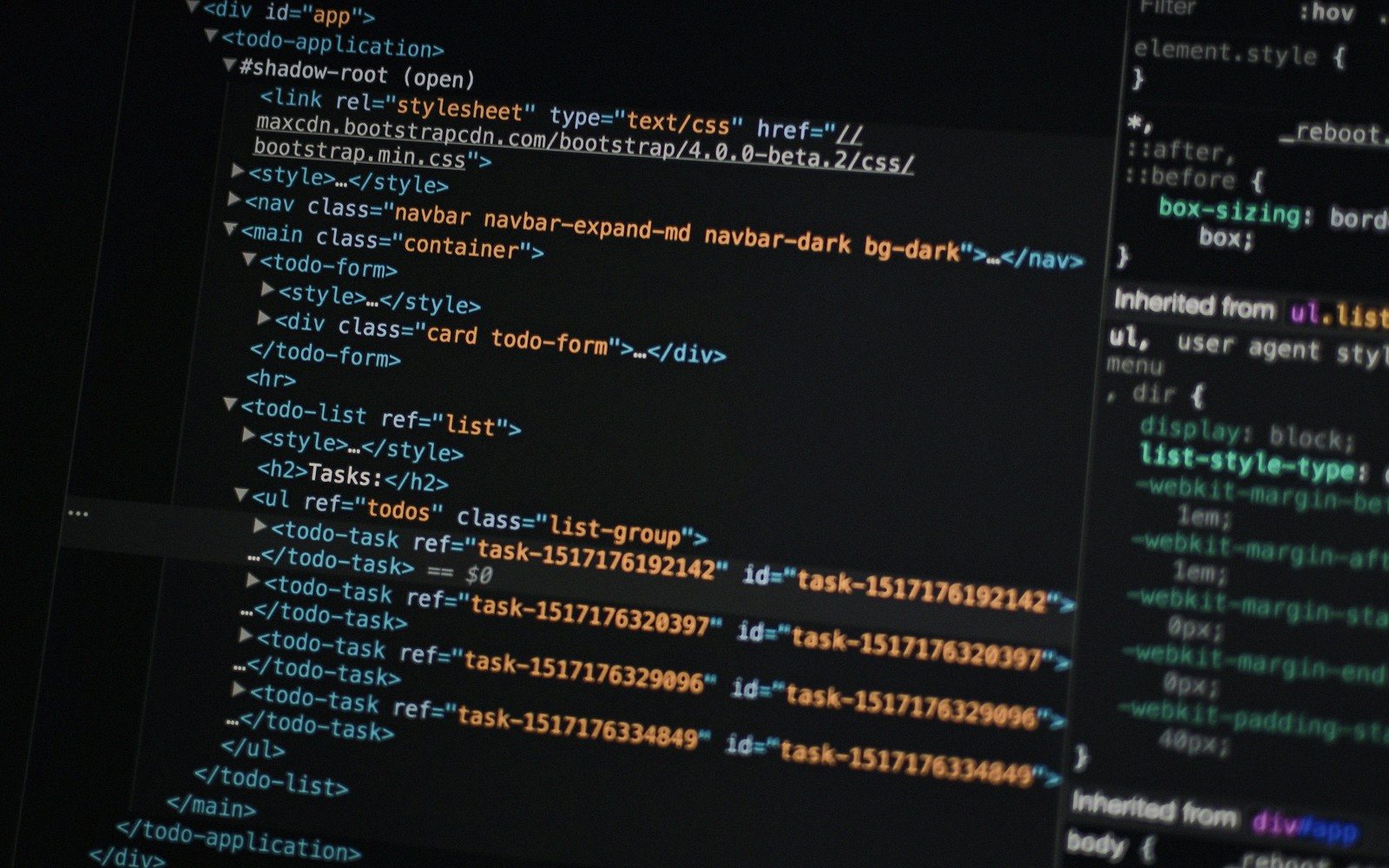 Browser developer tools showing HTML markup and CSS styles for a to-do list app