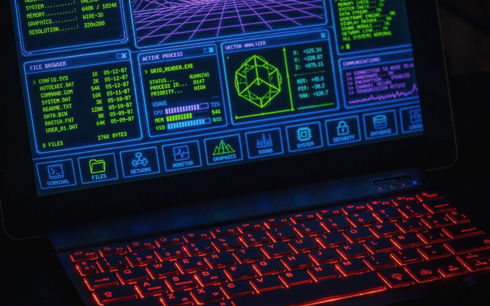 Retro-style computer screen displaying file browser, vector analyzer and system monitoring windows above a glowing keyboard